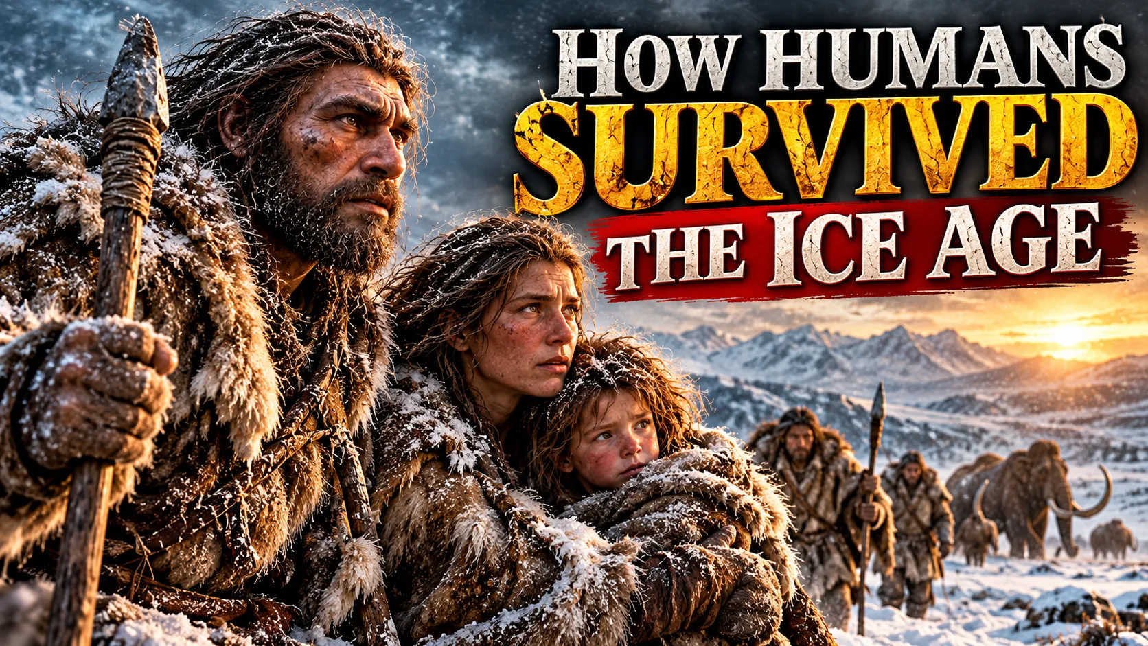 Artistic depiction of prehistoric people surviving an Ice Age landscape